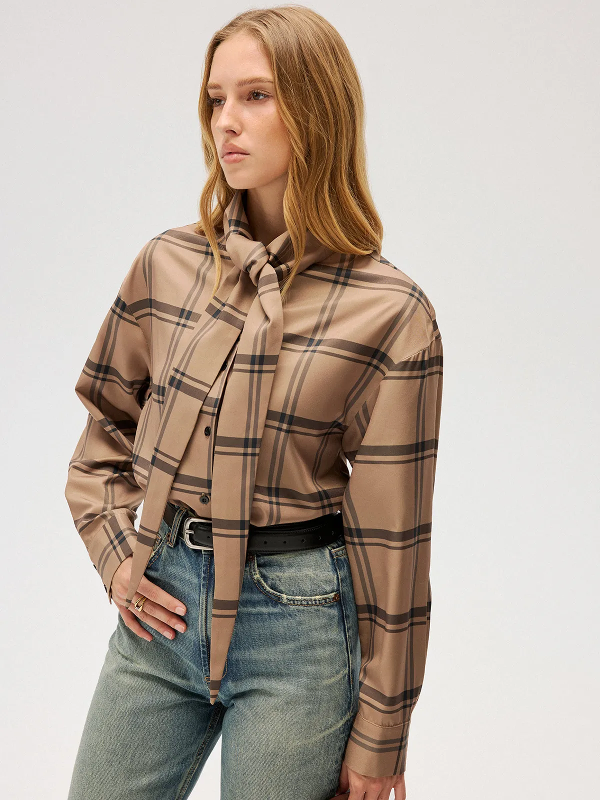 Plaid Tie Neck Shirt sold by COMMENSE product image thumbnail 5