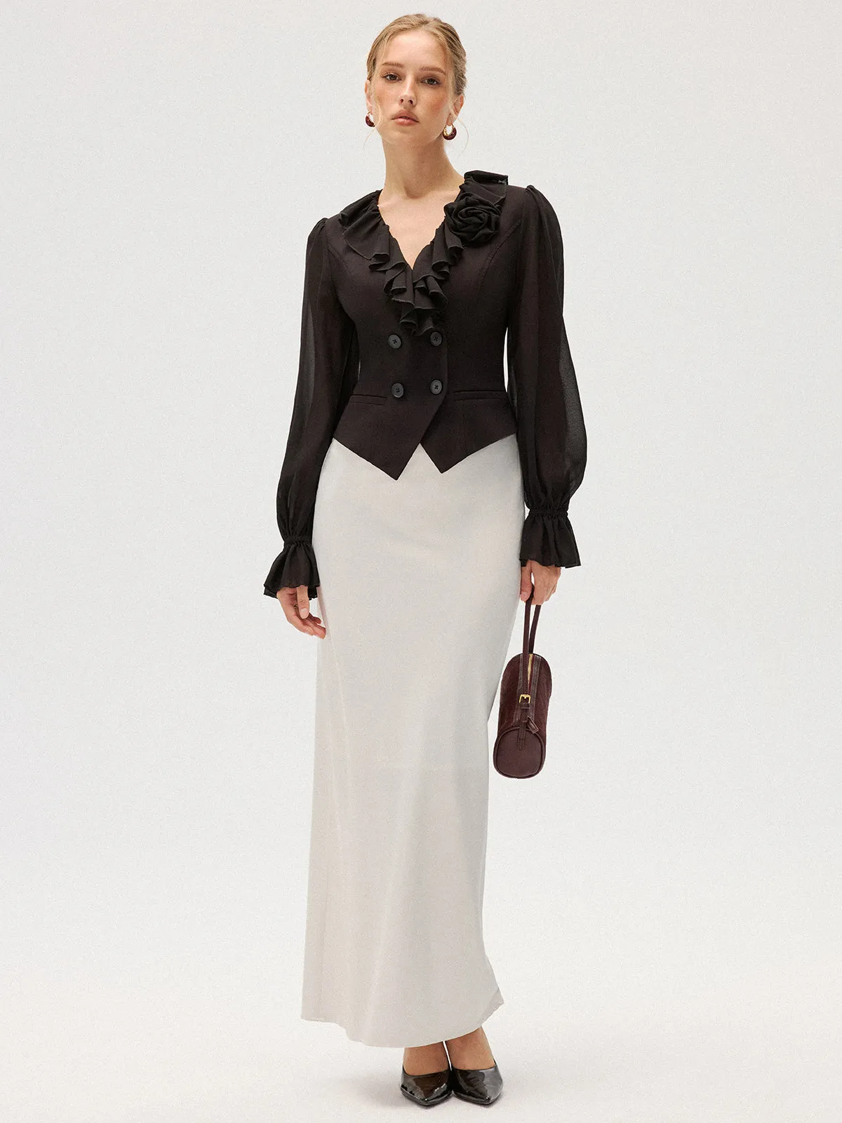 Chiffon Ruffle Rose Double-Breasted Blouse sold by COMMENSE product image thumbnail 2