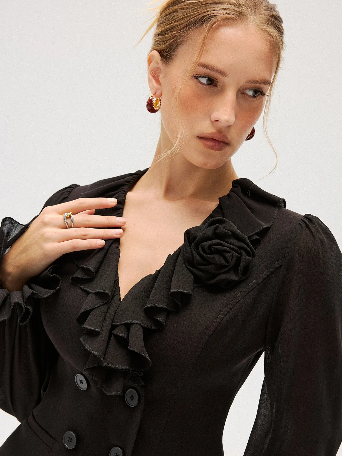 Chiffon Ruffle Rose Double-Breasted Blouse sold by COMMENSE product image thumbnail 3
