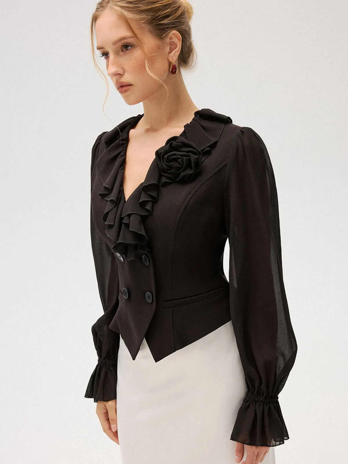 Chiffon Ruffle Rose Double-Breasted Blouse sold by COMMENSE product image thumbnail 4