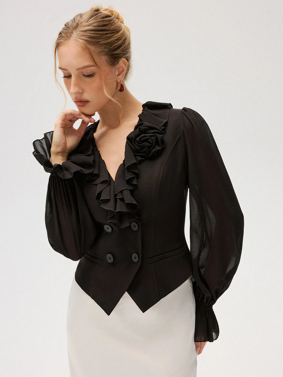 Chiffon Ruffle Rose Double-Breasted Blouse sold by COMMENSE