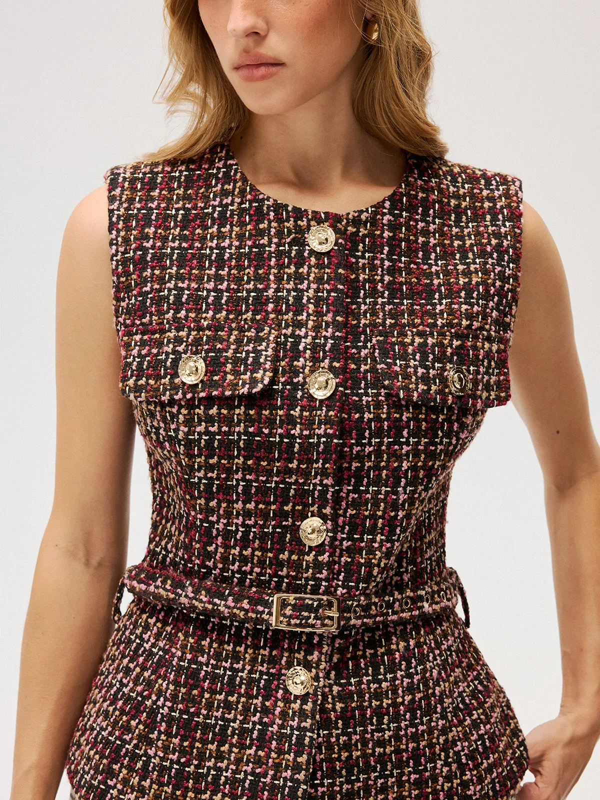 Belted Tweed Sleeveless Vest sold by COMMENSE product image thumbnail 2