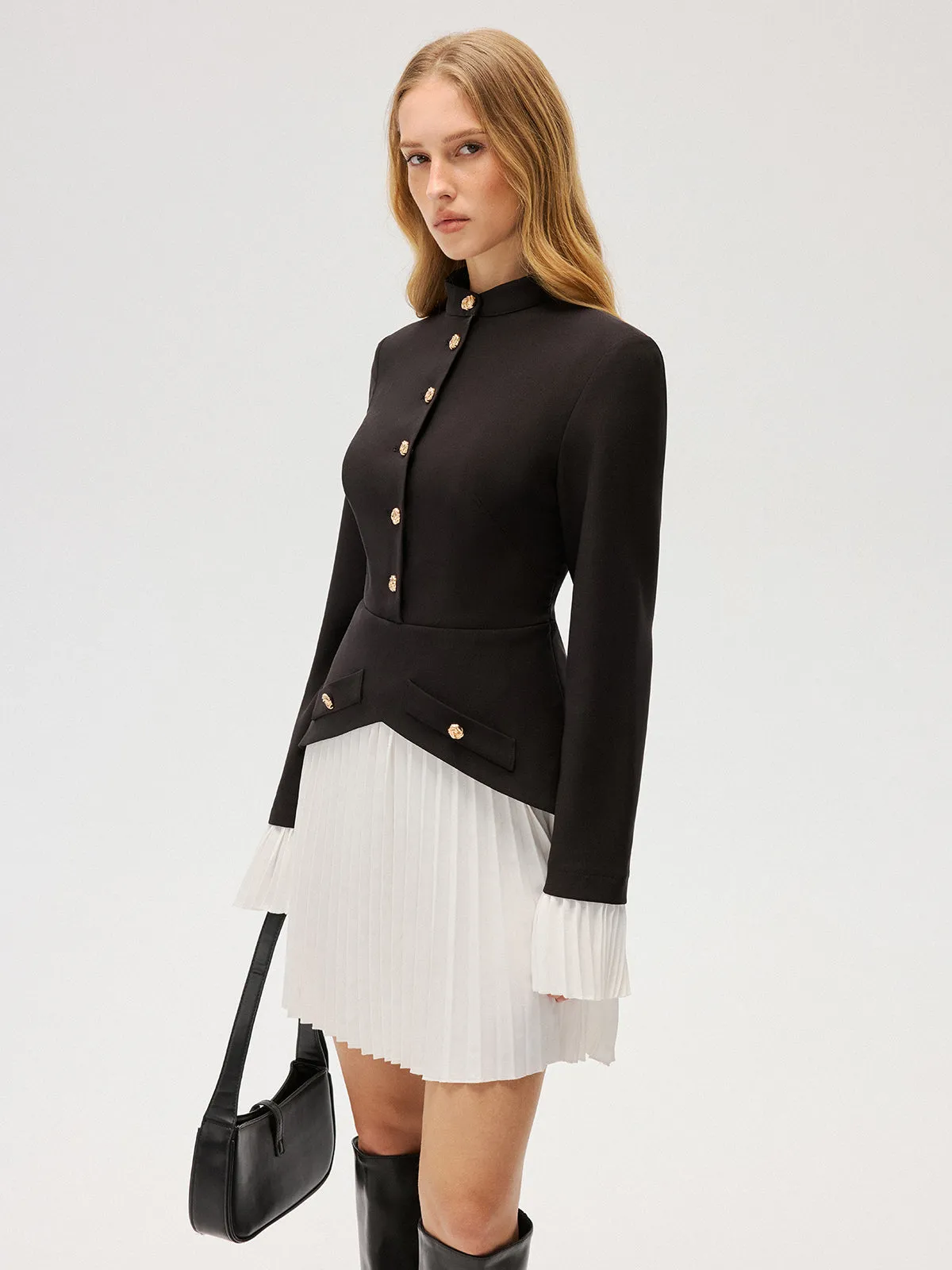 Contrast Pleated Panel Buttoned Mini Dress sold by COMMENSE