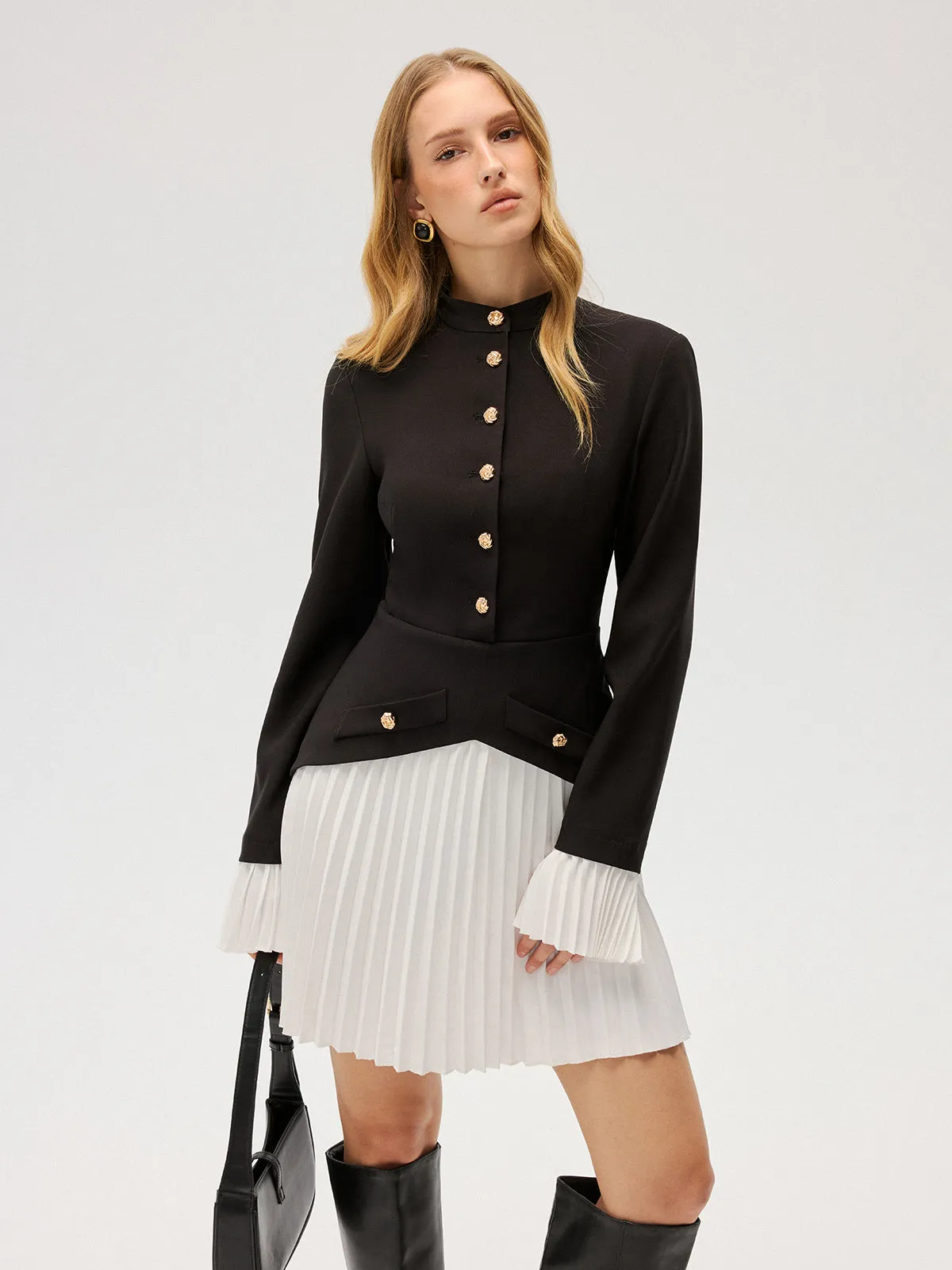 Contrast Pleated Panel Buttoned Mini Dress sold by COMMENSE product image thumbnail 5