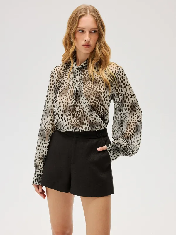 Semi-Sheer Chiffon Leopard Print Tie Neck Shirt sold by COMMENSE