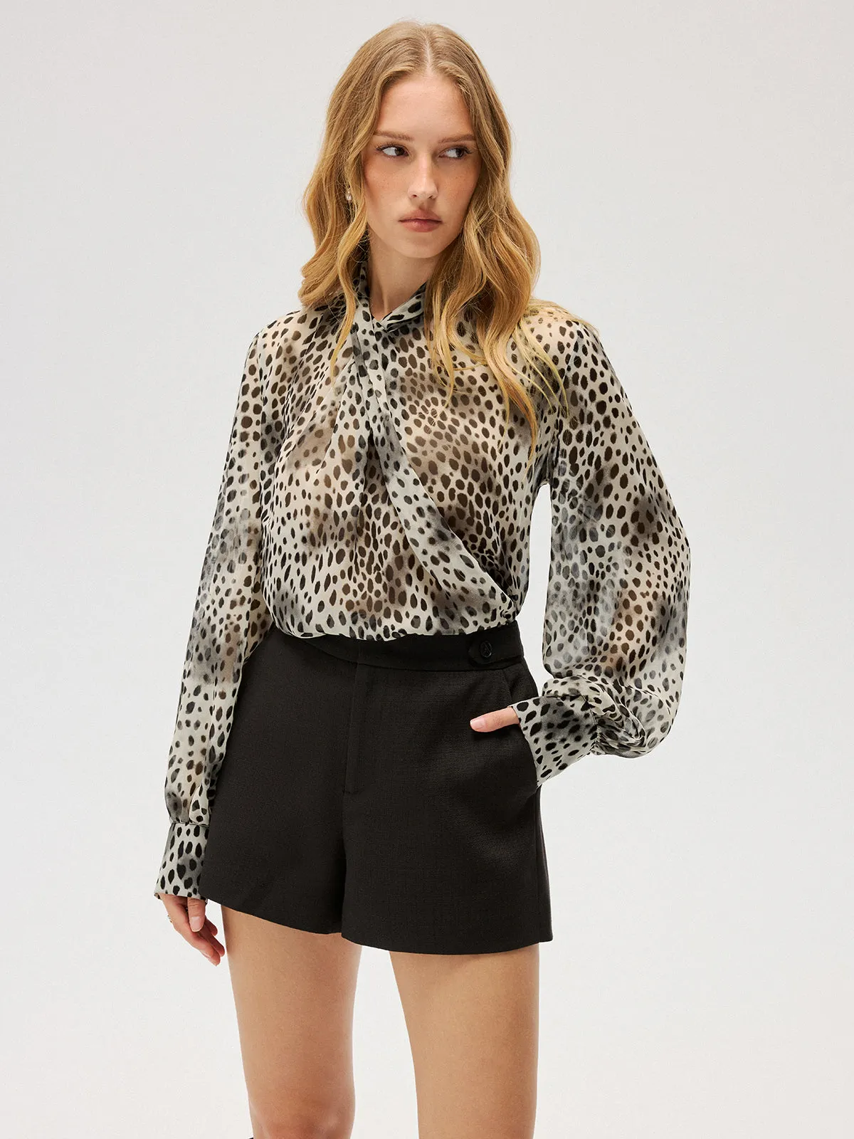 Semi-Sheer Chiffon Leopard Print Tie Neck Shirt sold by COMMENSE