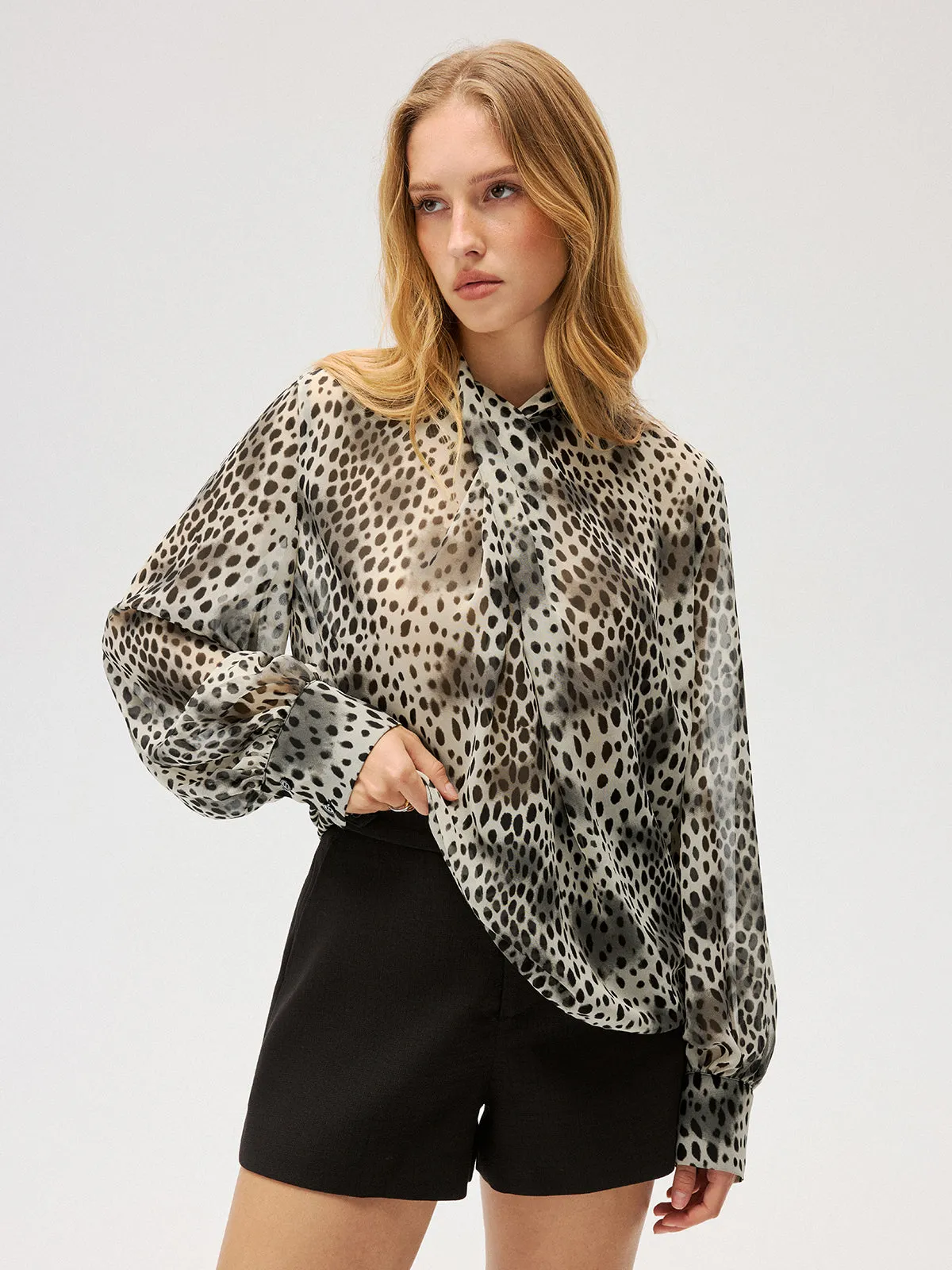 Semi-Sheer Chiffon Leopard Print Tie Neck Shirt sold by COMMENSE product image thumbnail 5