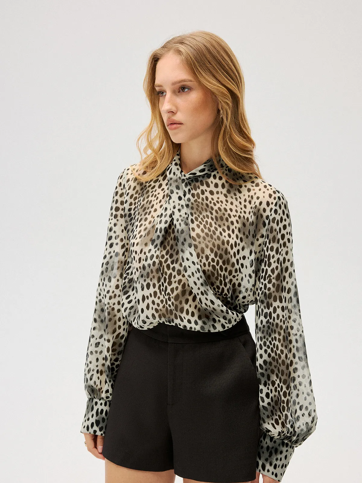 Semi-Sheer Chiffon Leopard Print Tie Neck Shirt sold by COMMENSE product image thumbnail 3