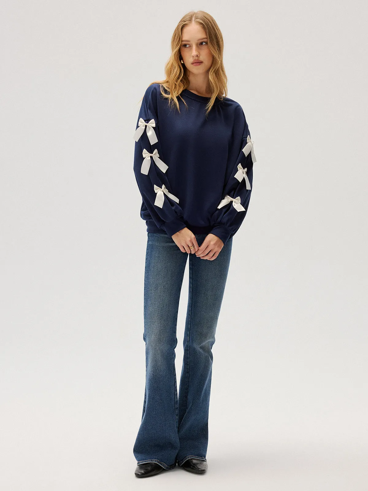 Crew Neck Bow Accent Sweatshirt sold by COMMENSE product image thumbnail 2