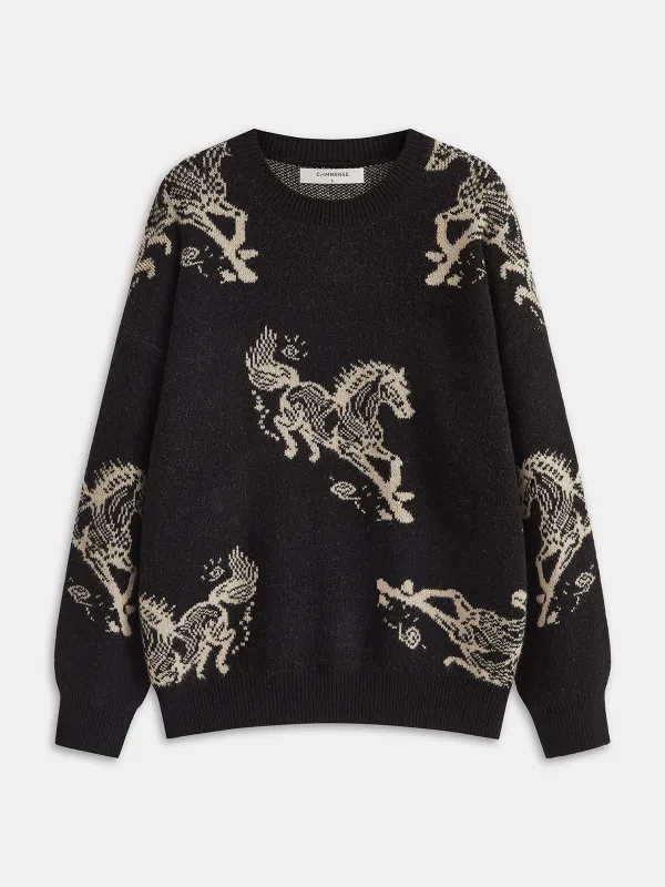 Horse-Patterned Loose Crew Neck Knit Sweater sold by COMMENSE
