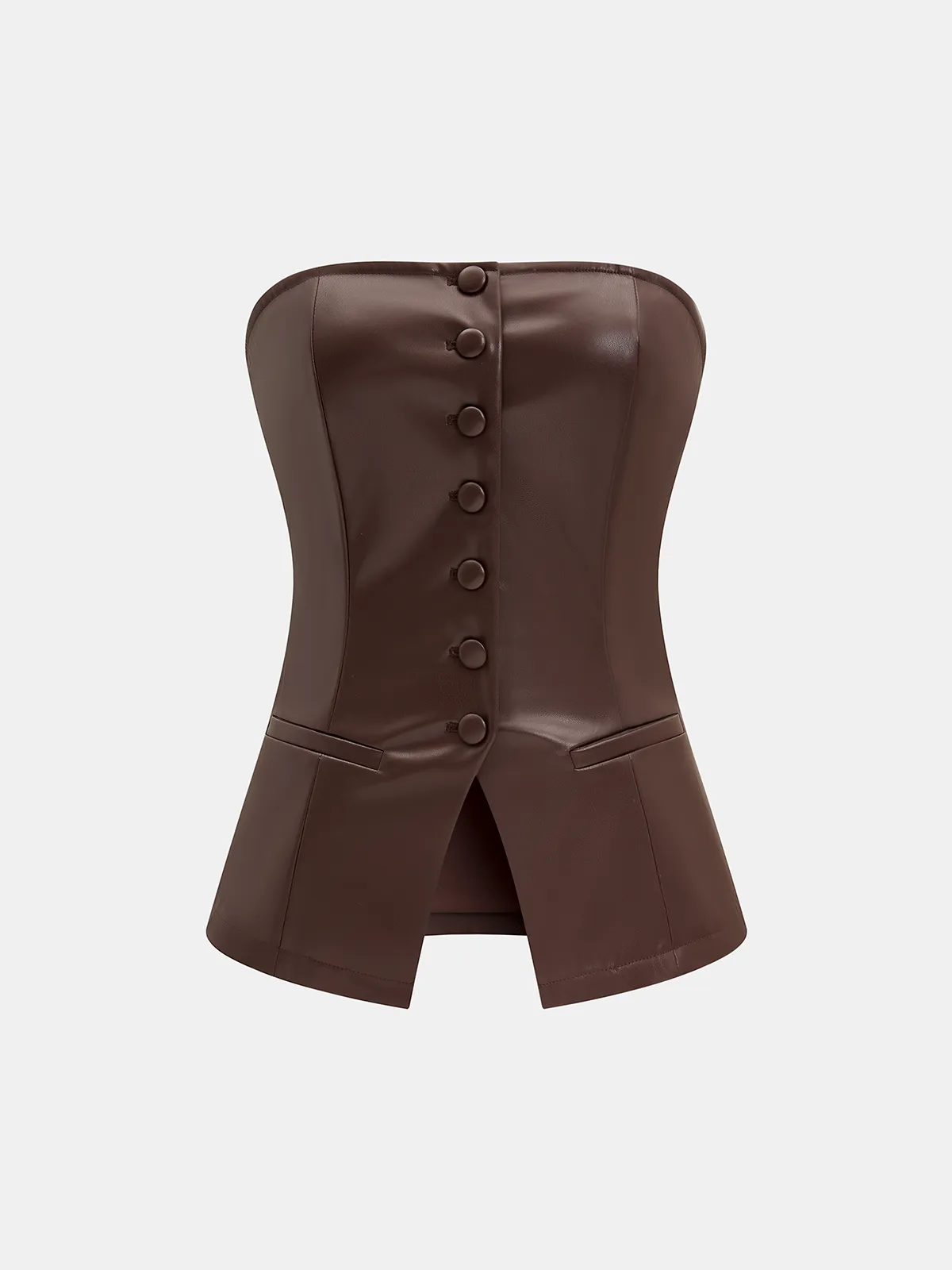 Button-Front Strapless Faux Leather Fitted Top sold by COMMENSE