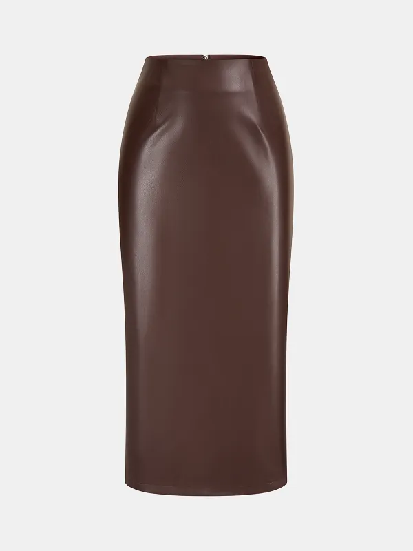 Back Slit Faux Leather Midi Pencil Skirt sold by COMMENSE