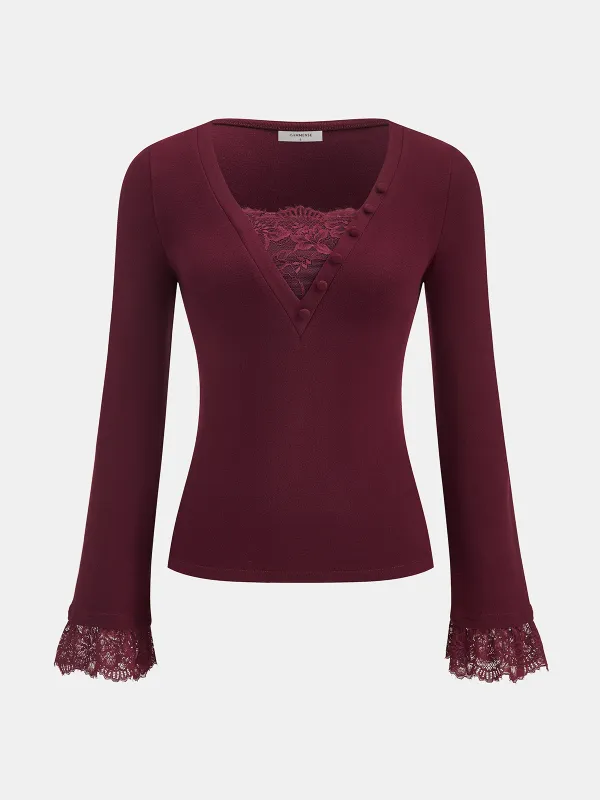 Lace Panel V-Neck Long-Sleeve Top sold by COMMENSE