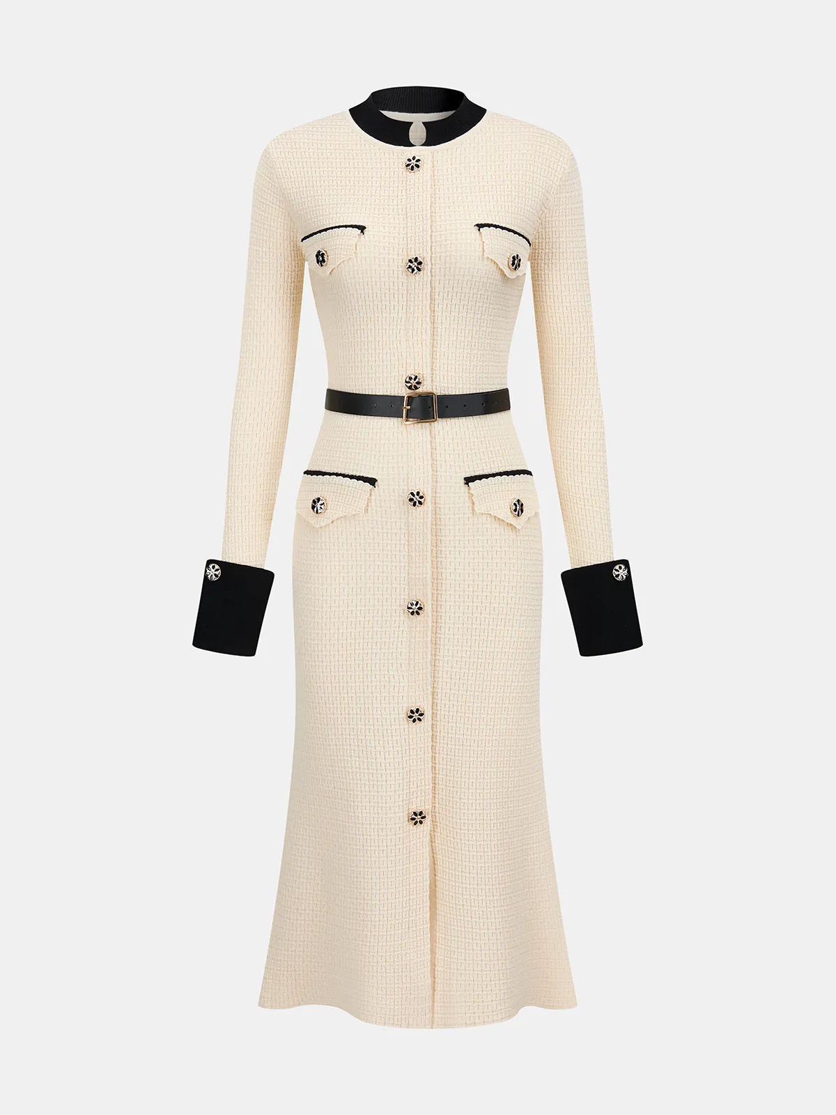 Contrast-Trim Button-Front Midi Dress with Belt sold by COMMENSE