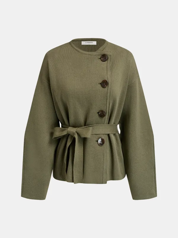 Asymmetric Button Belted Knit Jacket sold by COMMENSE