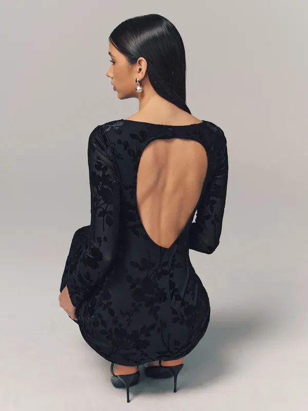Velvet Floral Long Sleeve Backless Maxi Dress sold by COMMENSE