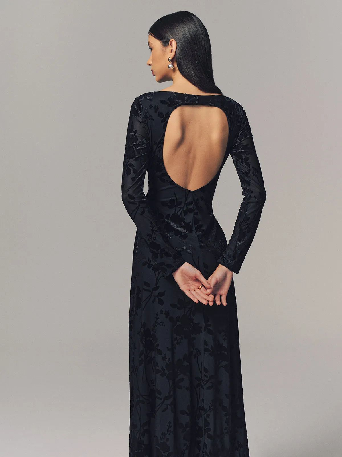 Velvet Floral Long Sleeve Backless Maxi Dress sold by COMMENSE product image thumbnail 5