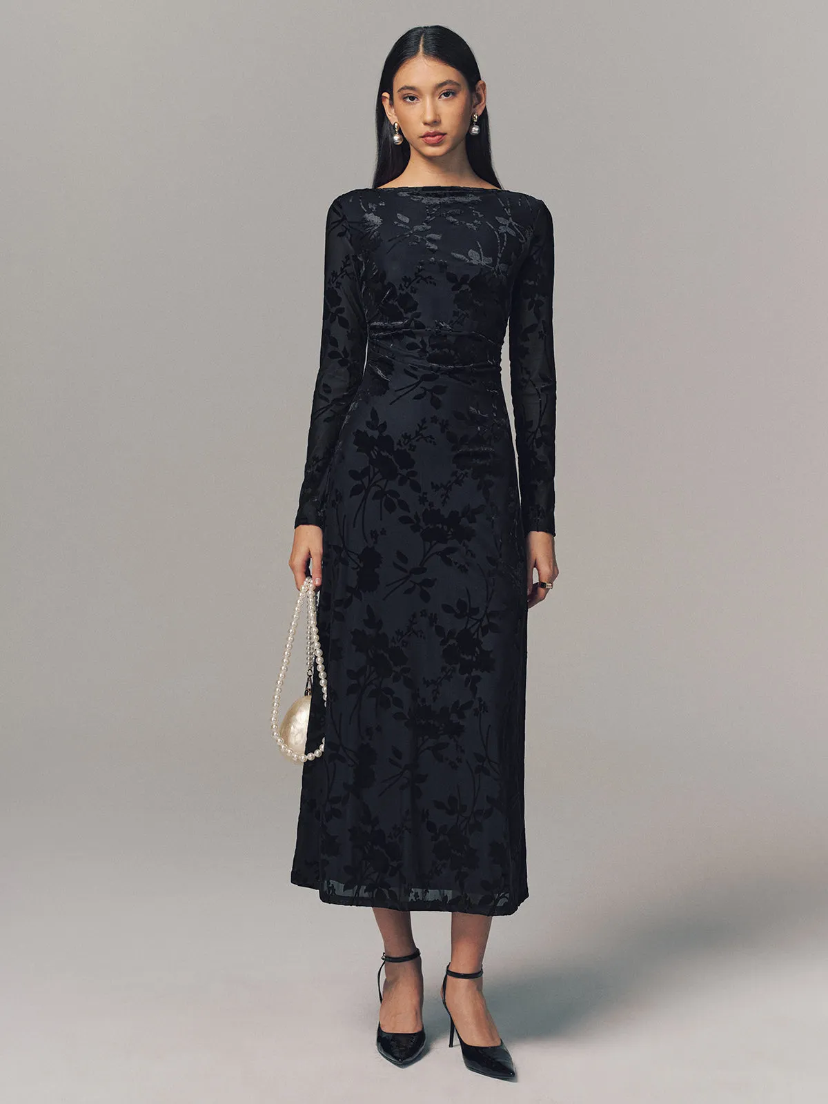 Velvet Floral Long Sleeve Backless Maxi Dress sold by COMMENSE product image thumbnail 2