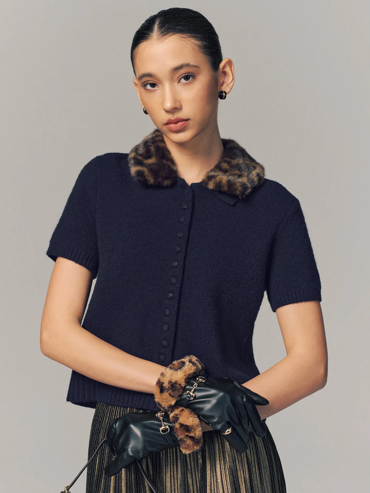 Leopard Faux Fur Collar Short-Sleeve Cardigan sold by COMMENSE