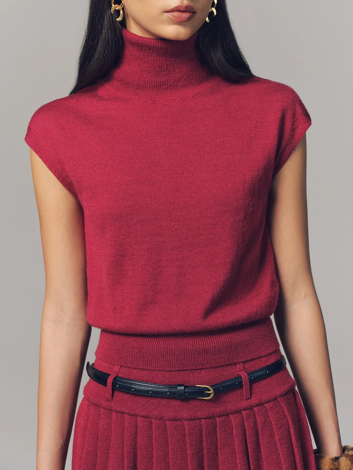 Turtleneck Top & Pleated Mini Skirt Set with Belt sold by COMMENSE product image thumbnail 4