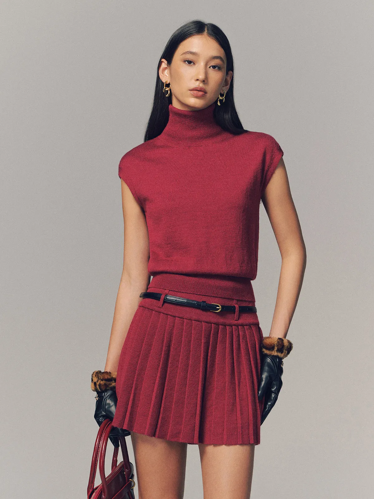 Turtleneck Top & Pleated Mini Skirt Set with Belt sold by COMMENSE