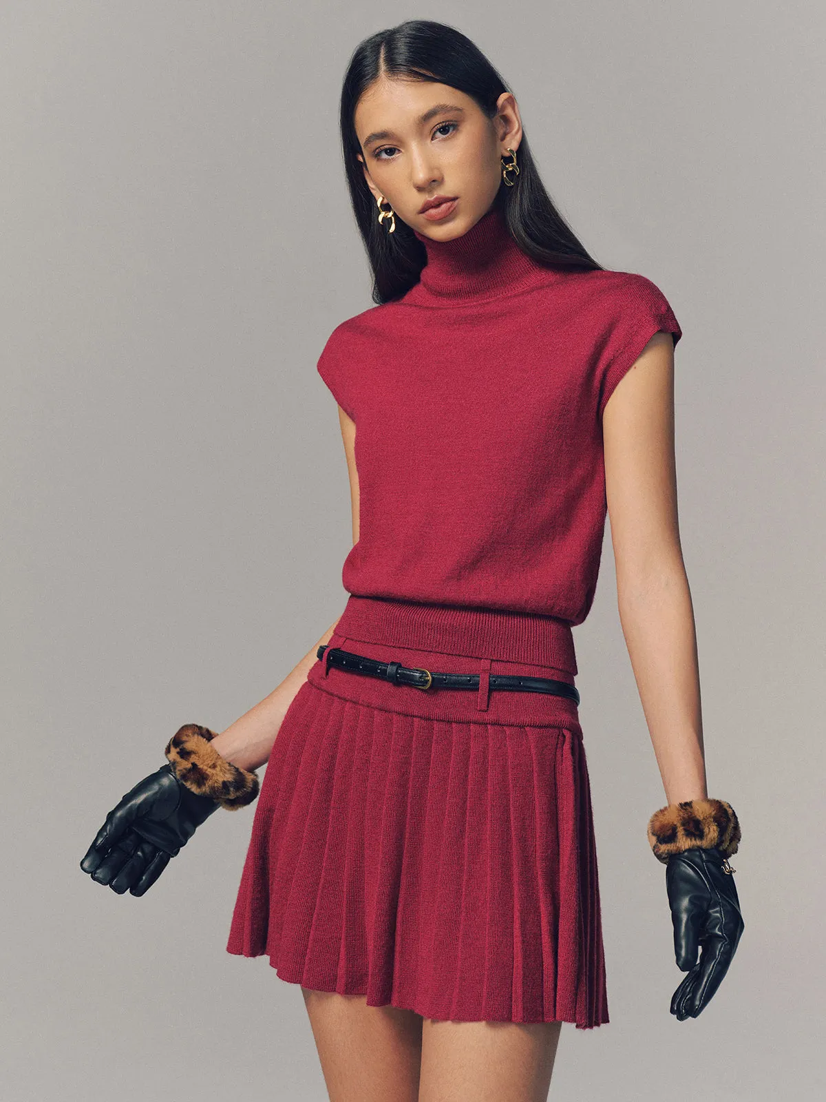 Turtleneck Top & Pleated Mini Skirt Set with Belt sold by COMMENSE product image thumbnail 3