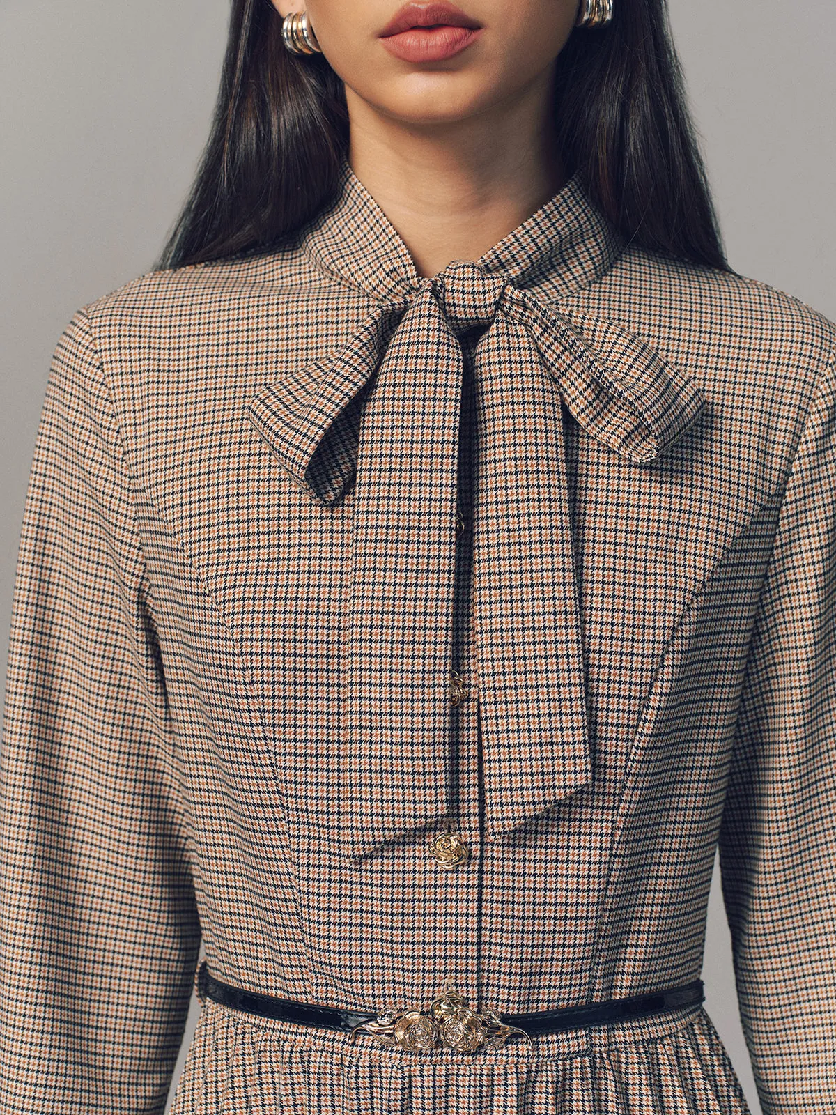 Belted Bow Neck Plaid Pleated Maxi Dress sold by COMMENSE product image thumbnail 3