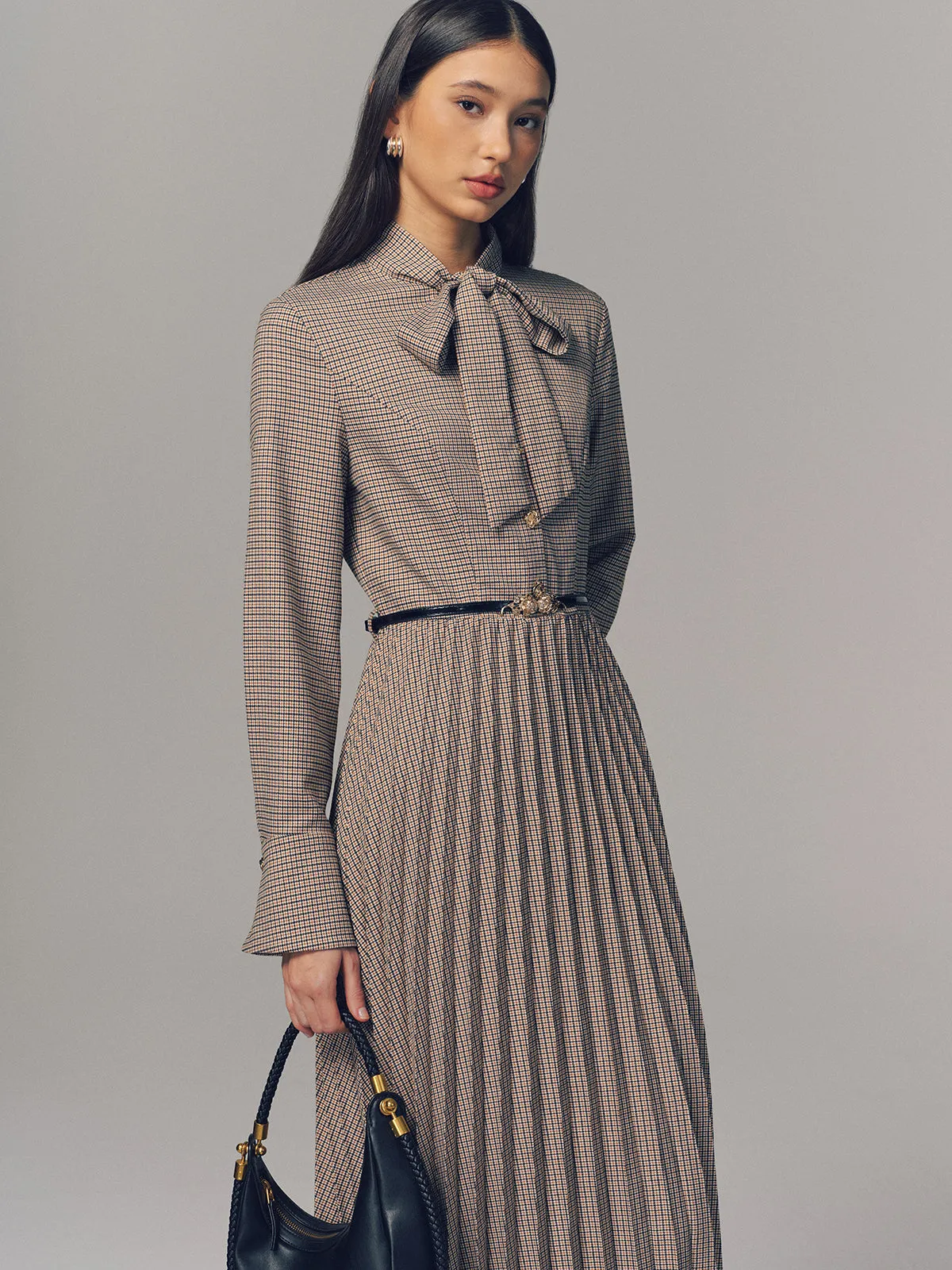 Belted Bow Neck Plaid Pleated Maxi Dress sold by COMMENSE product image thumbnail 4