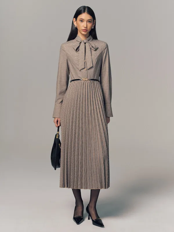 Belted Bow Neck Plaid Pleated Maxi Dress sold by COMMENSE