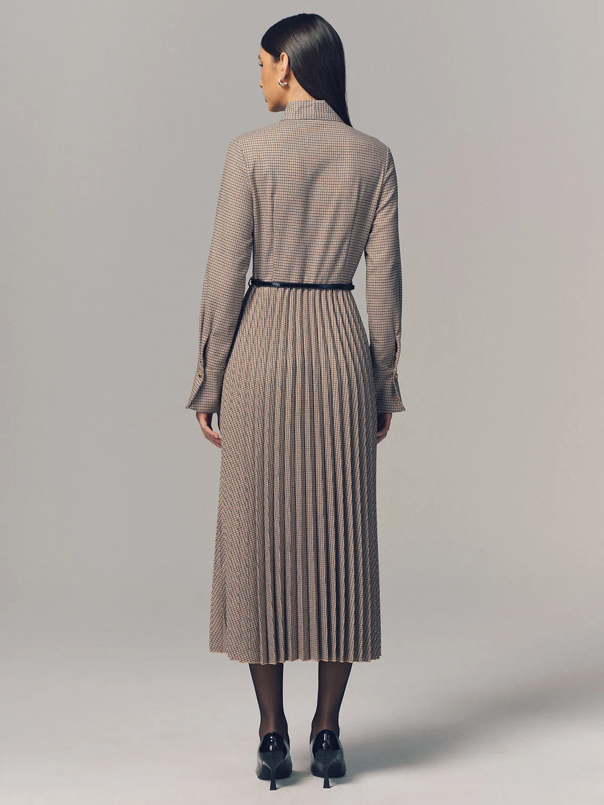 Belted Bow Neck Plaid Pleated Maxi Dress sold by COMMENSE product image thumbnail 5