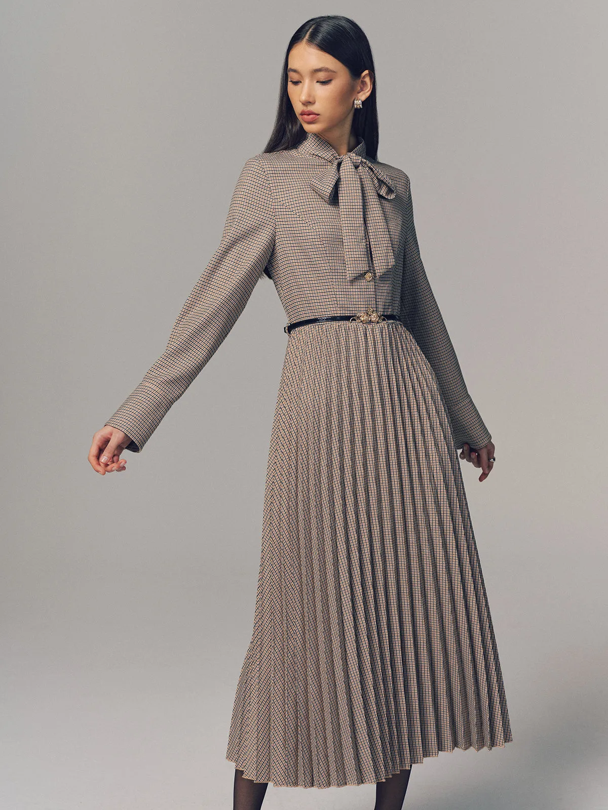 Belted Bow Neck Plaid Pleated Maxi Dress sold by COMMENSE product image thumbnail 2