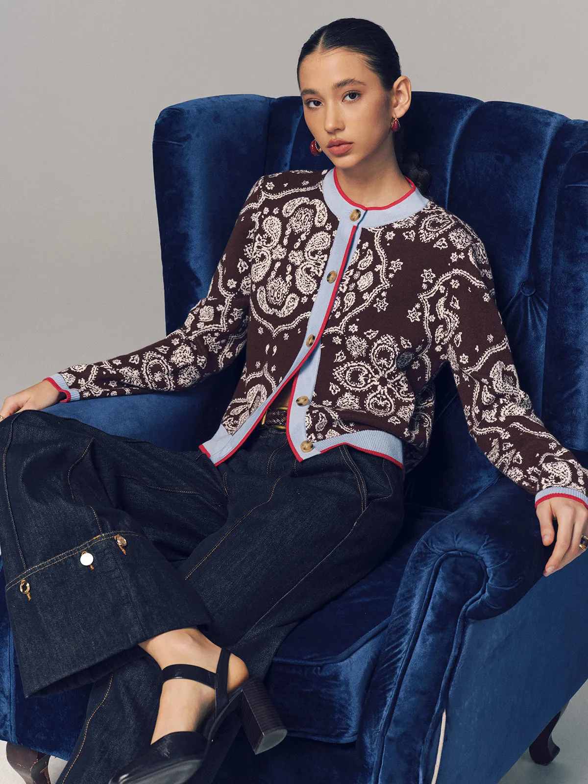 Contrast Trim Paisley Knit Cardigan sold by COMMENSE