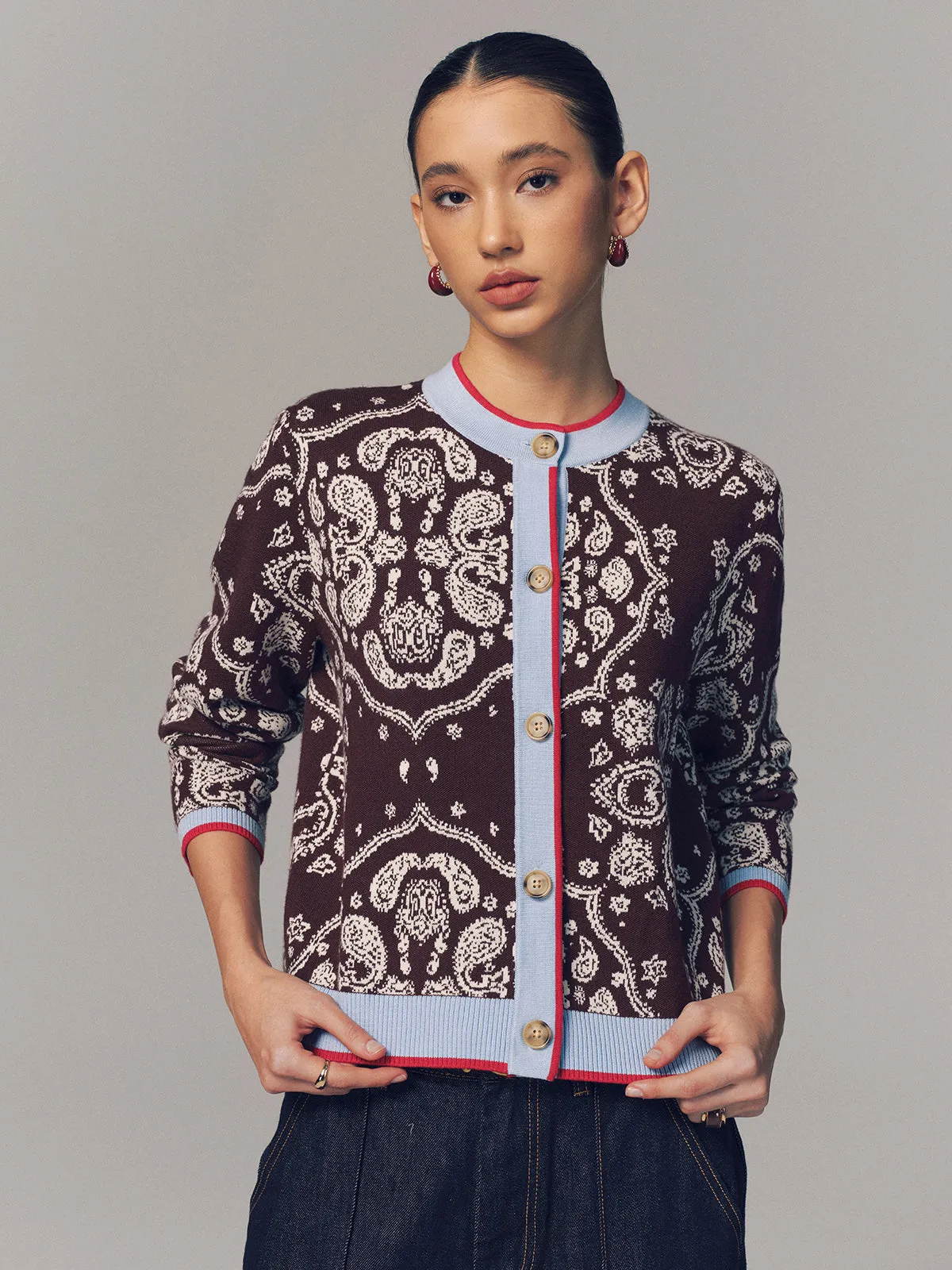 Contrast Trim Paisley Knit Cardigan sold by COMMENSE product image thumbnail 5