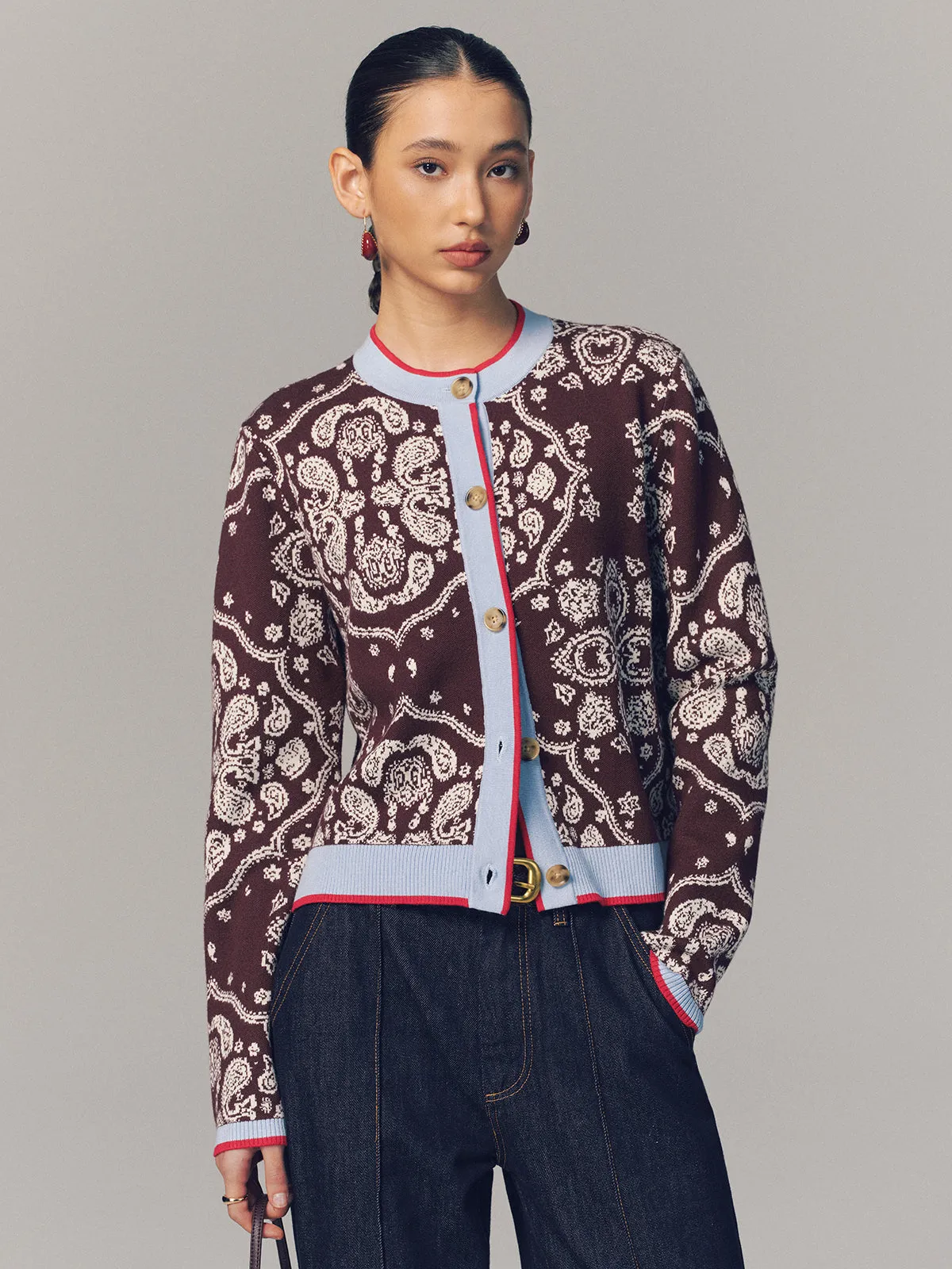 Contrast Trim Paisley Knit Cardigan sold by COMMENSE product image thumbnail 2