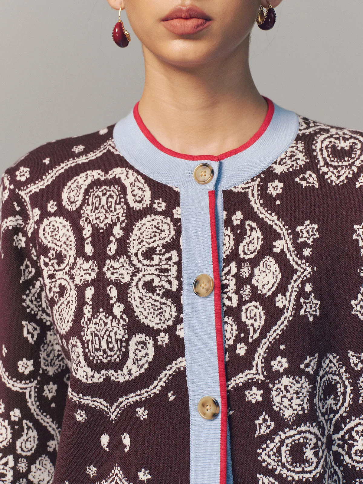 Contrast Trim Paisley Knit Cardigan sold by COMMENSE product image thumbnail 3