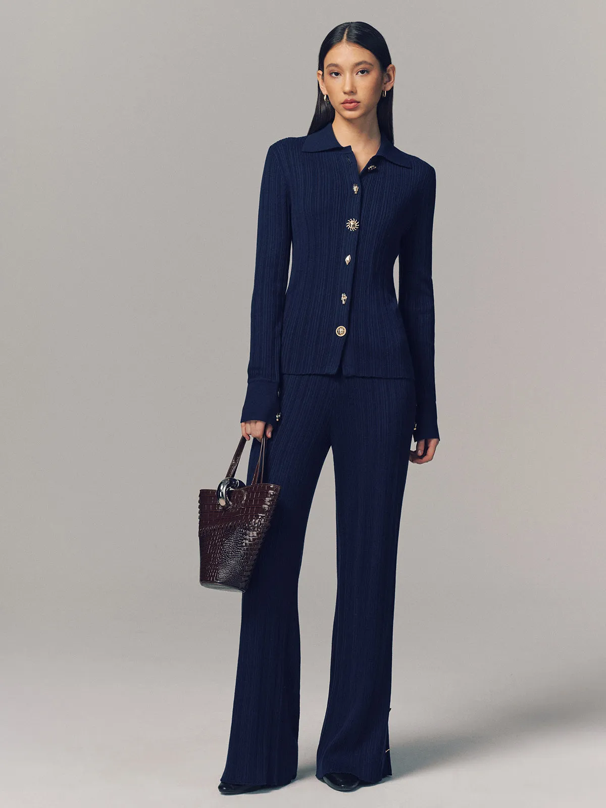 Textured Wool-Blend Collared Cardigan sold by COMMENSE product image thumbnail 5