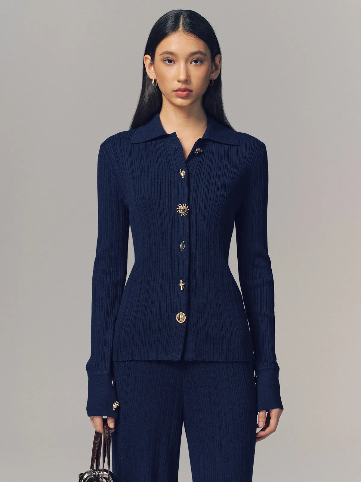 Textured Wool-Blend Collared Cardigan sold by COMMENSE product image thumbnail 4