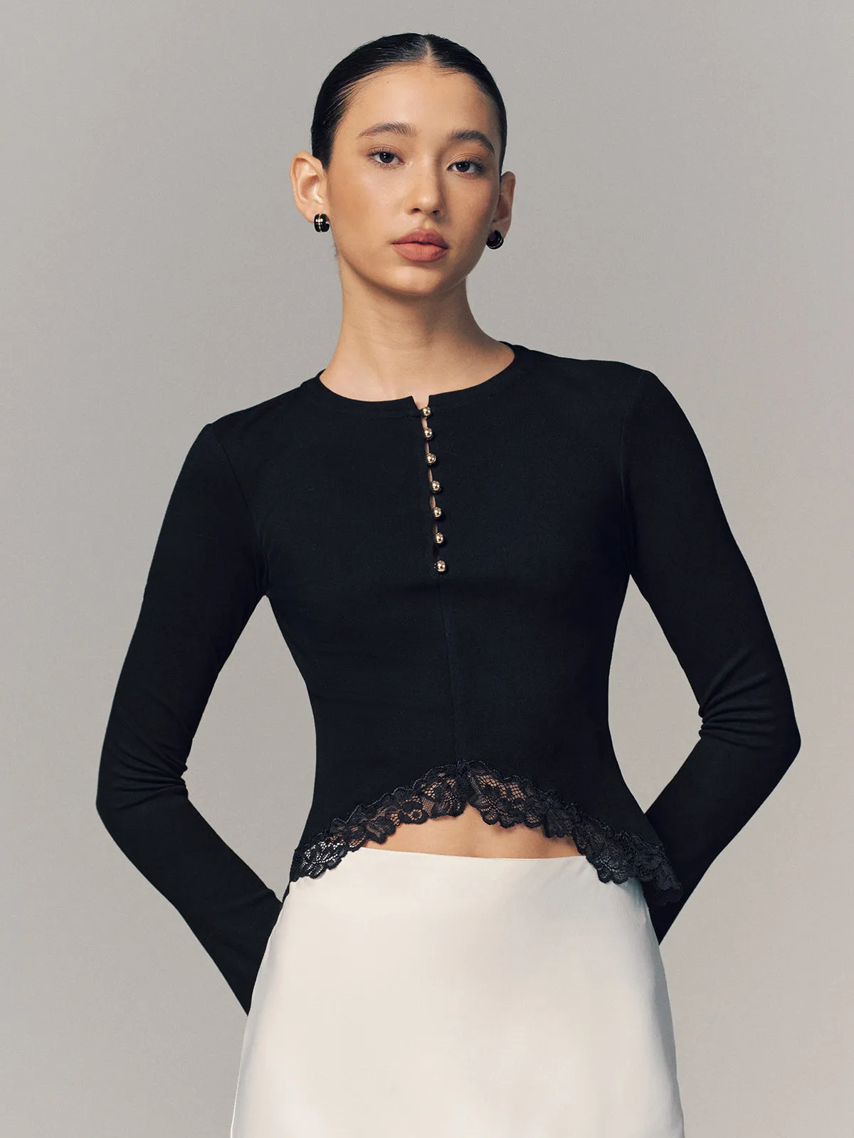 Lace Hem Metal Button Long-Sleeve Top sold by COMMENSE product image thumbnail 5