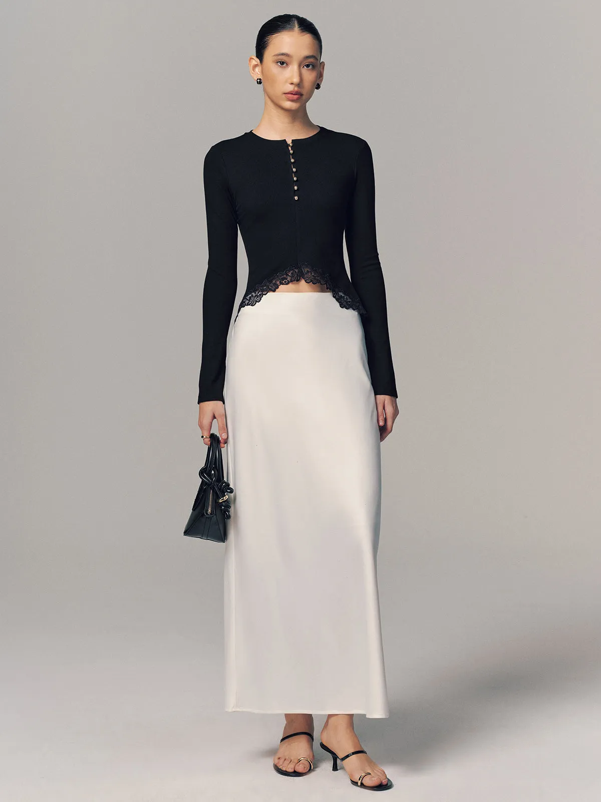 Lace Hem Metal Button Long-Sleeve Top sold by COMMENSE product image thumbnail 4