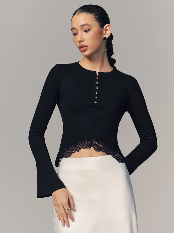 Lace Hem Metal Button Long-Sleeve Top sold by COMMENSE