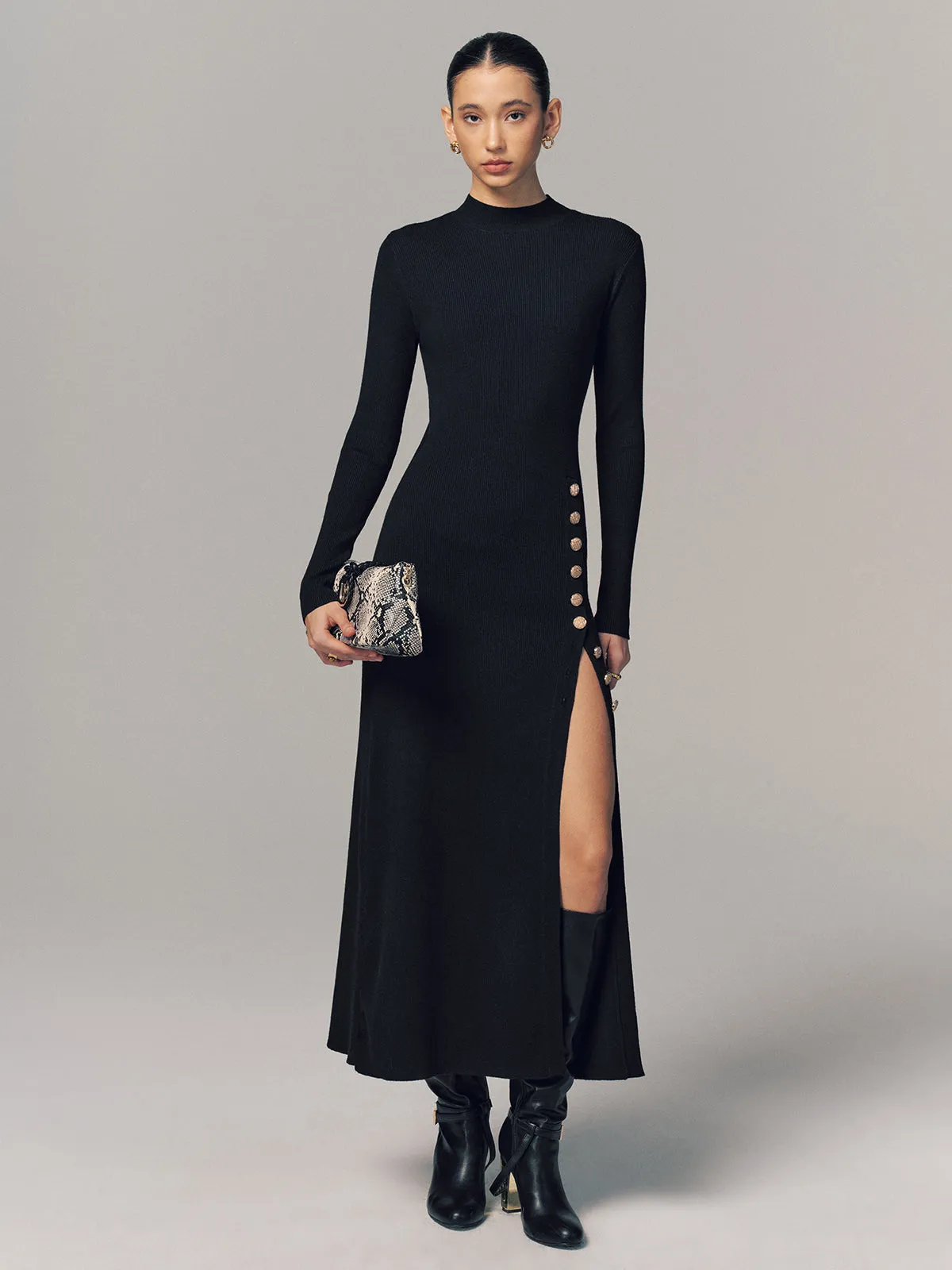 Side Button Slit Rib-Knit Maxi Dress sold by COMMENSE