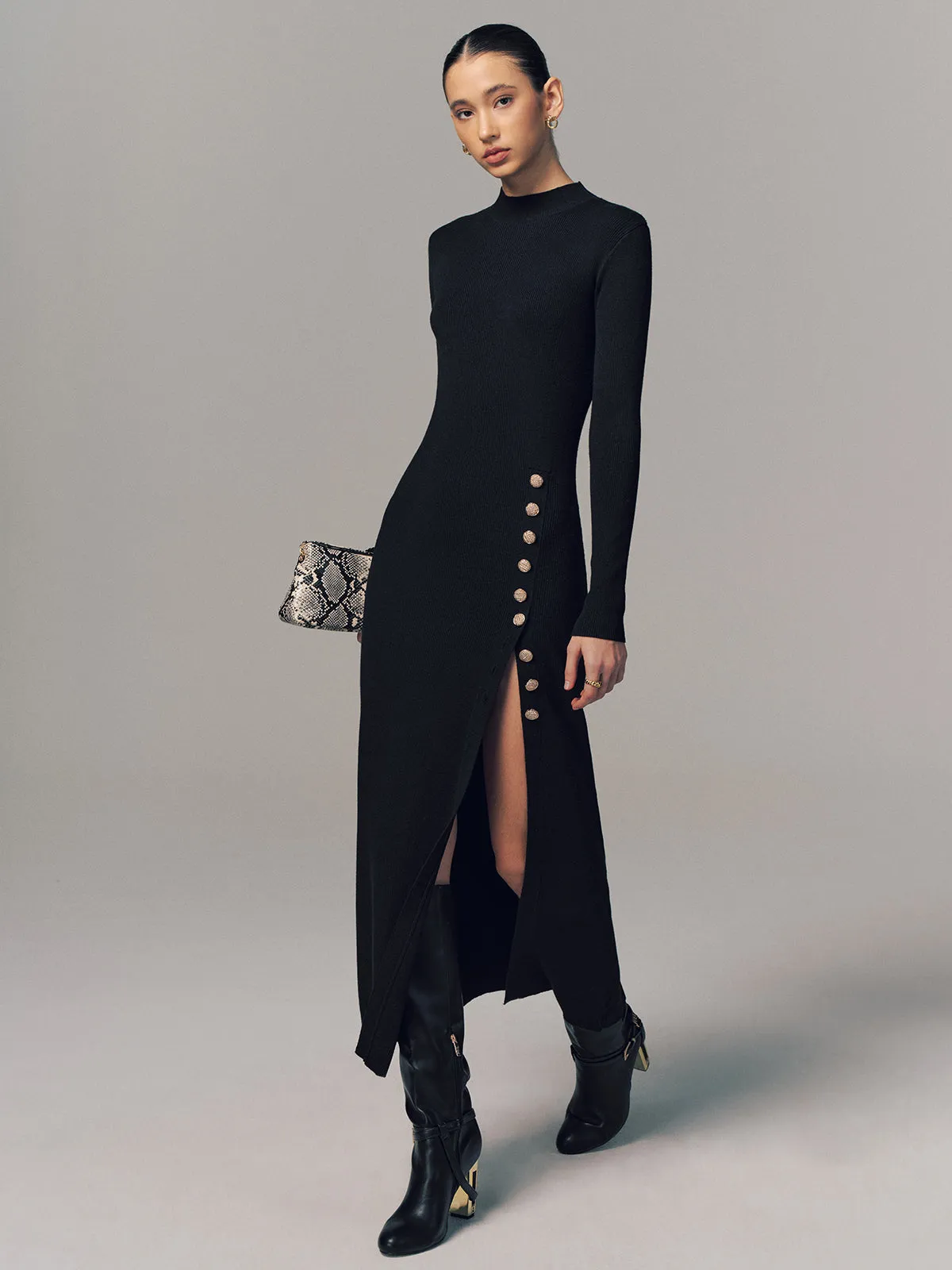 Side Button Slit Rib-Knit Maxi Dress sold by COMMENSE product image thumbnail 2