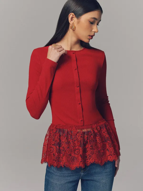 Lace Hem Ribbed  Long Sleeve Top sold by COMMENSE