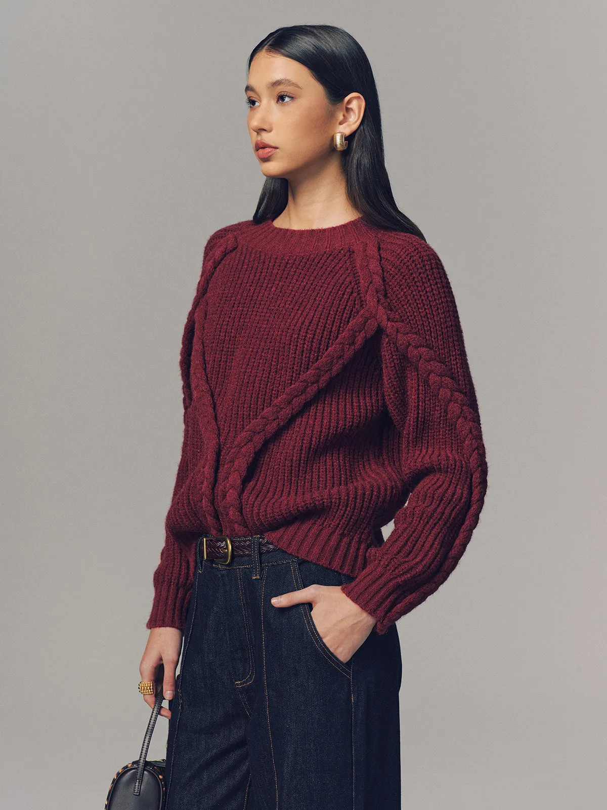 Crew Neck Twisted Cable-Knit Sweater sold by COMMENSE product image thumbnail 4