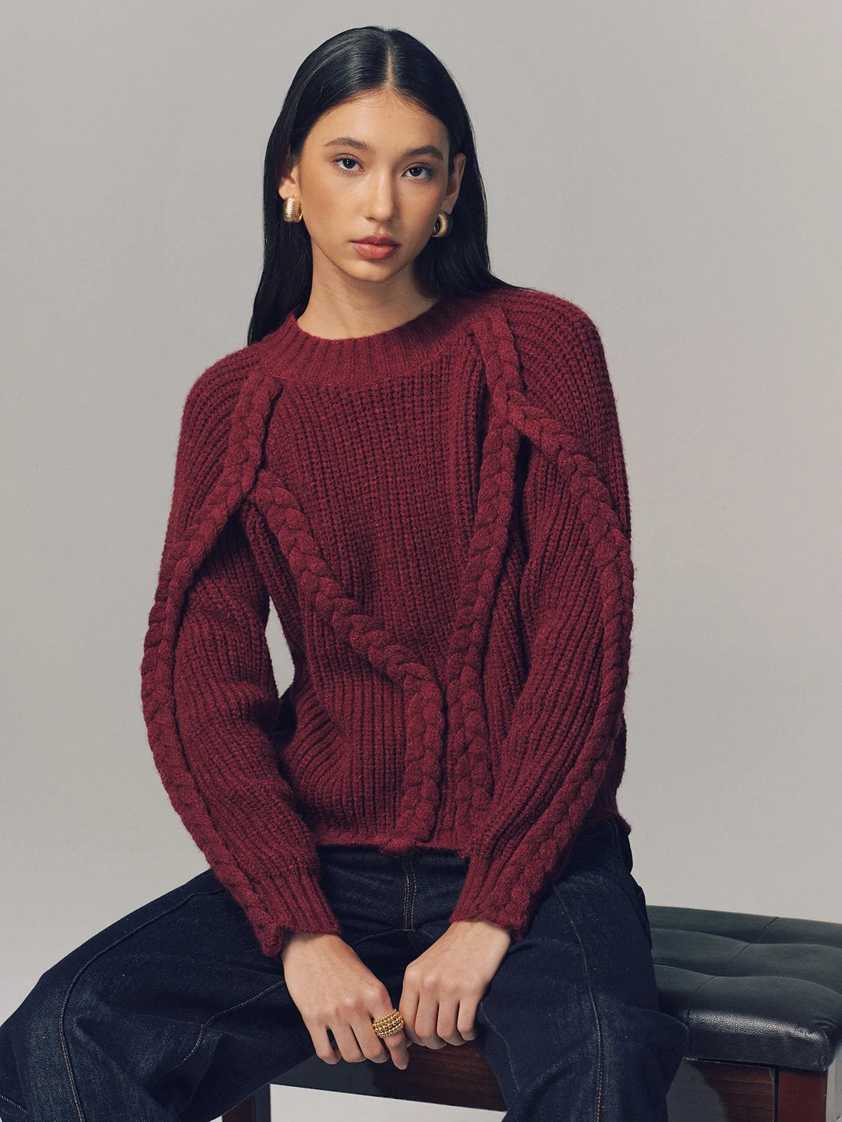 Crew Neck Twisted Cable-Knit Sweater sold by COMMENSE product image thumbnail 5