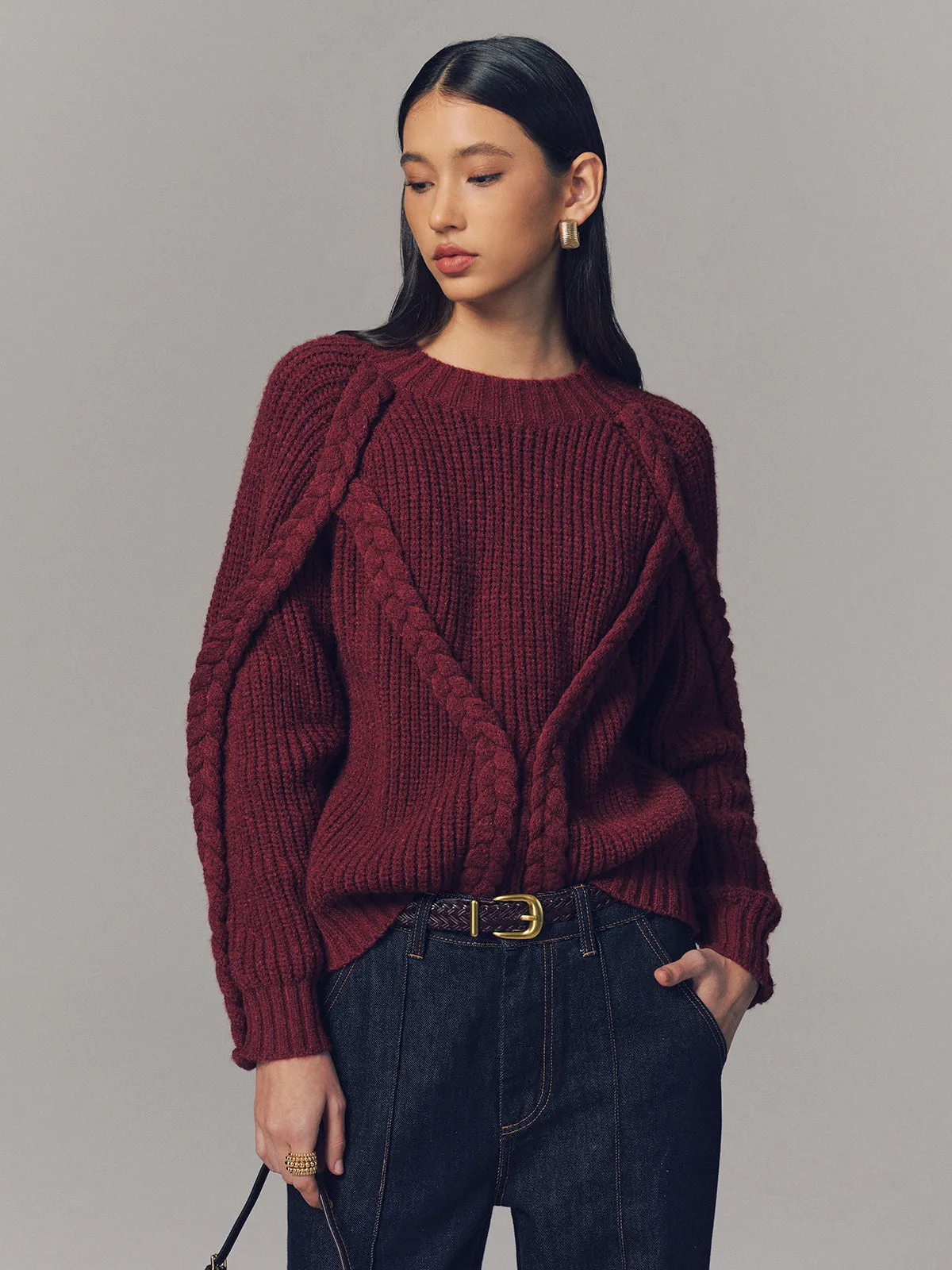 Crew Neck Twisted Cable-Knit Sweater sold by COMMENSE product image thumbnail 2