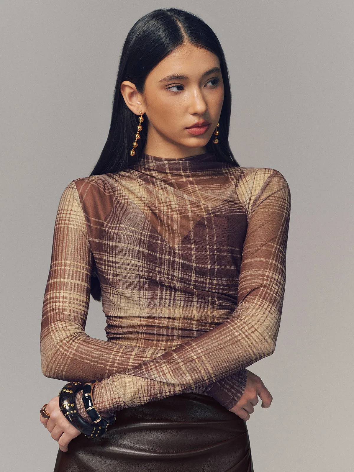 Semi-Sheer Plaid Mesh Top sold by COMMENSE product image thumbnail 4