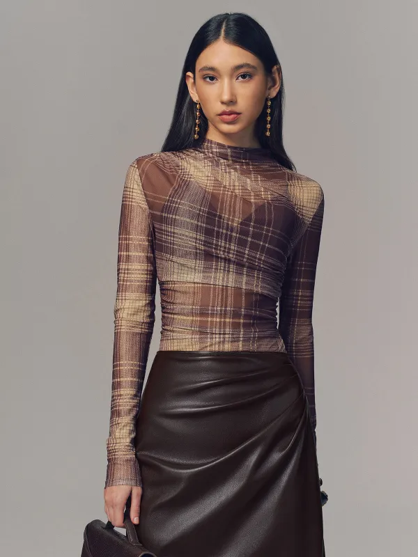 Semi-Sheer Plaid Mesh Top sold by COMMENSE