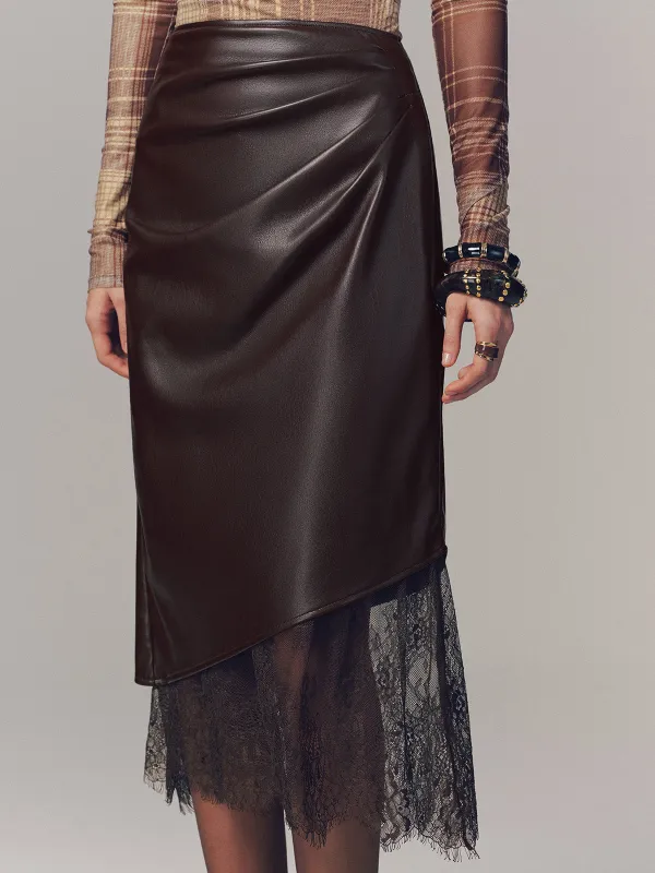 Lace Hem Faux Leather Ruched Midi Skirt sold by COMMENSE