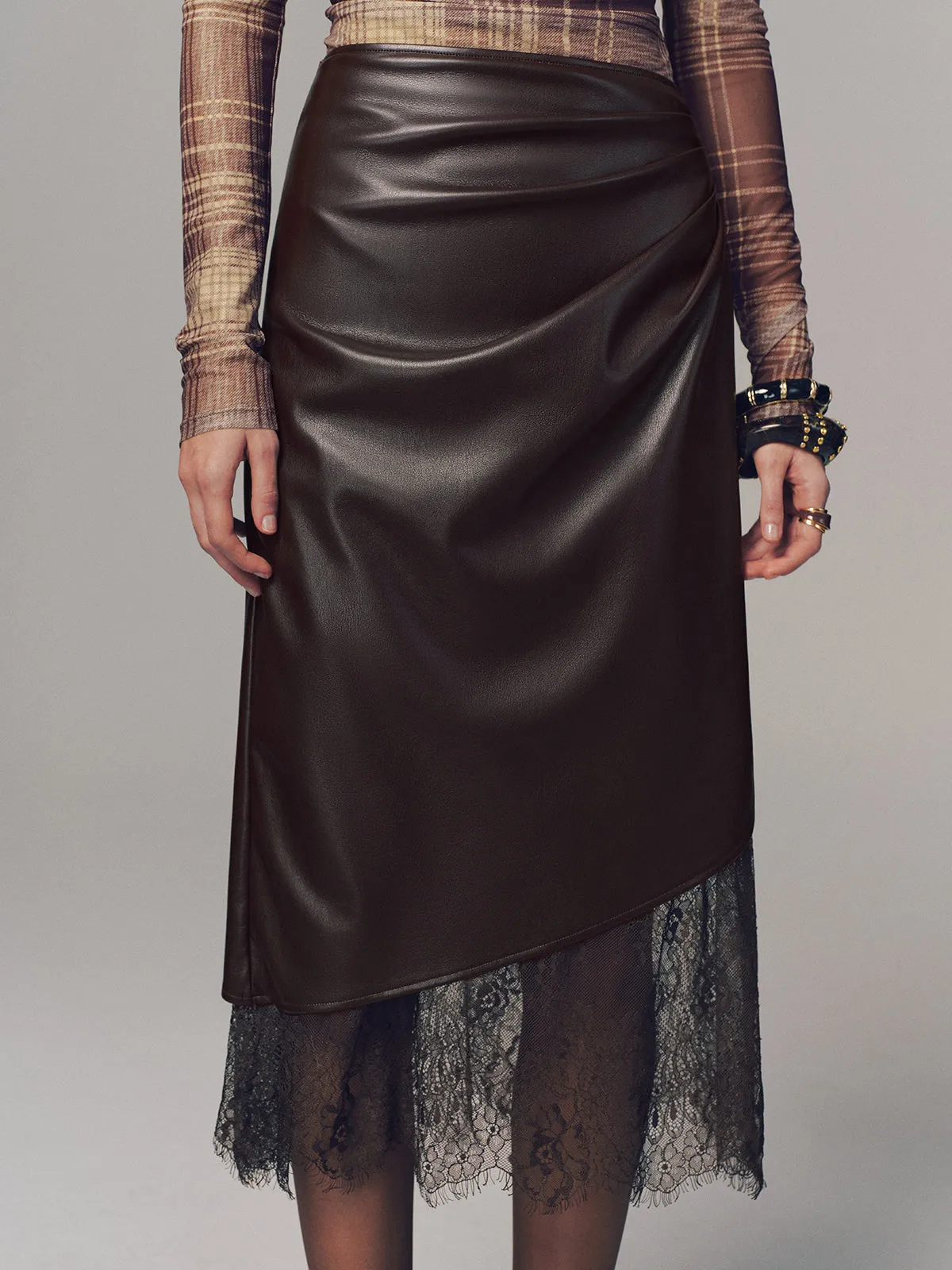 Lace Hem Faux Leather Ruched Midi Skirt sold by COMMENSE product image thumbnail 5